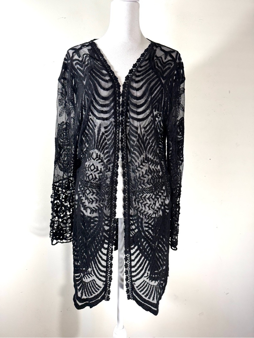 Adiva Black lace crochet open cardigan XL witchy Whimsigoth